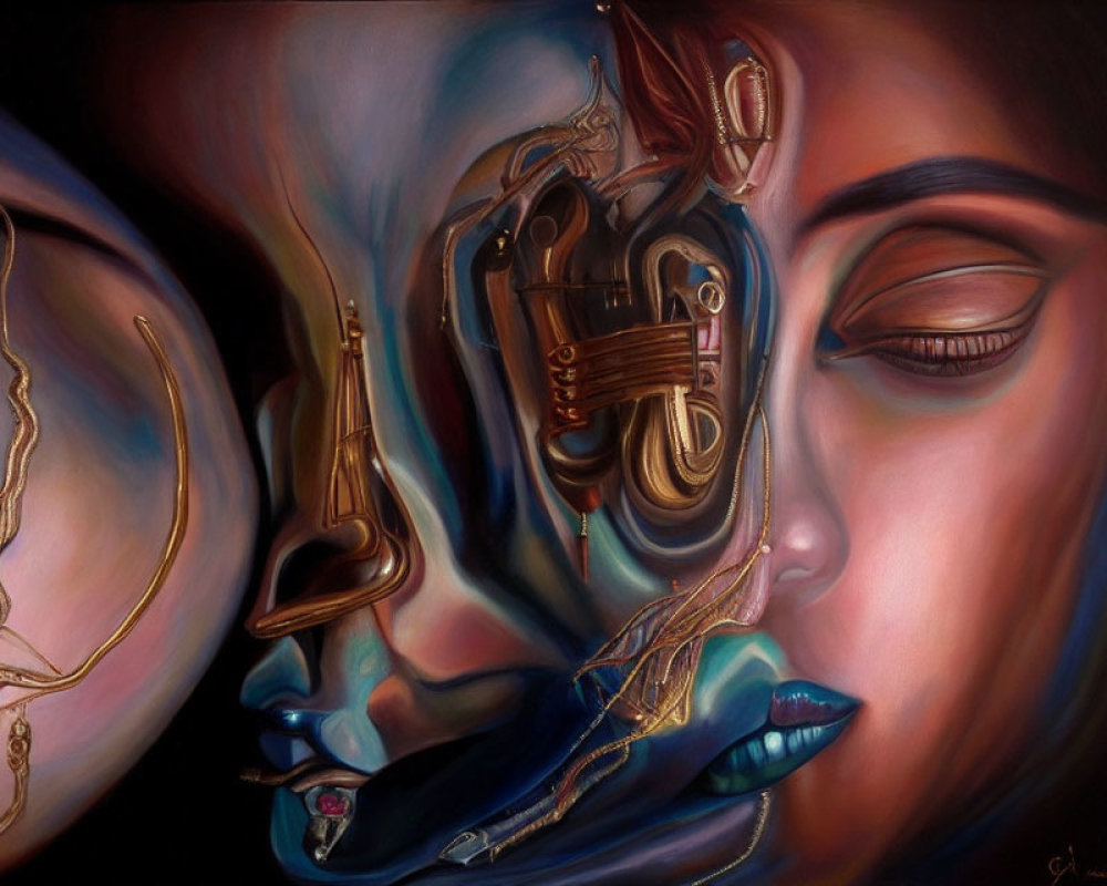 Surreal painting of woman's face with mechanical structure blending human features