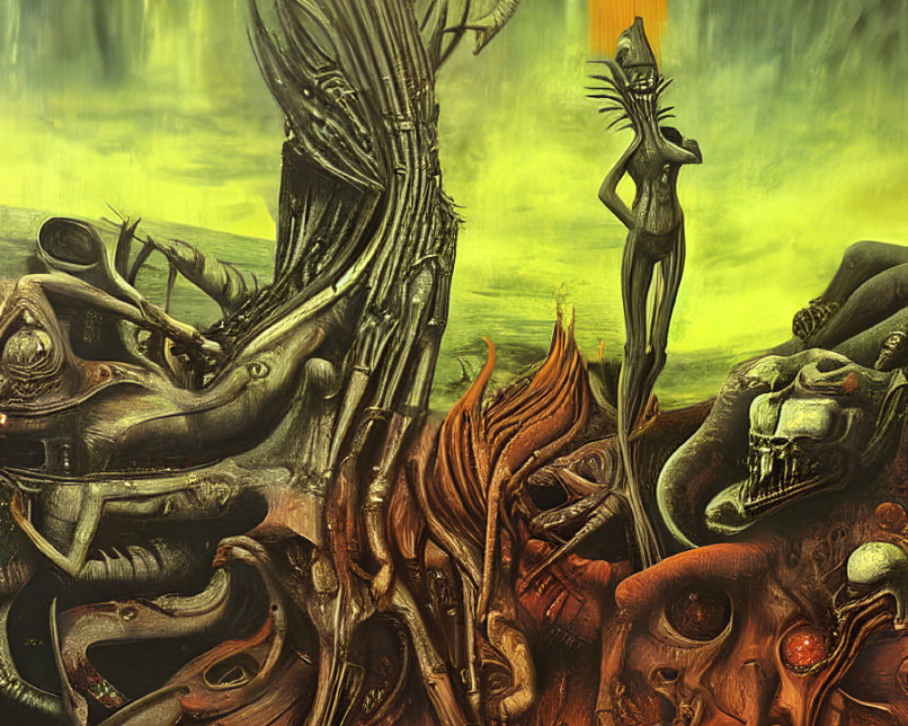 Surreal painting with alien figures in flames and greenish-yellow sky
