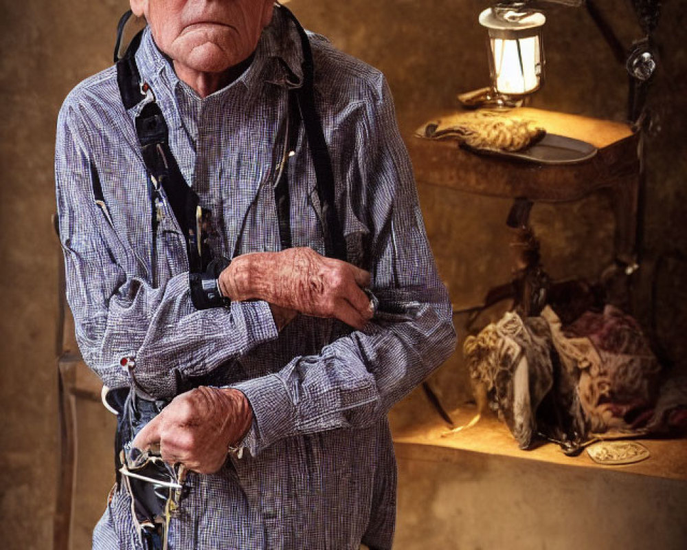 Elderly man in cowboy hat and suspenders against rustic backdrop