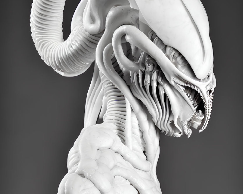 Detailed Xenomorph Sculpture in White Marble-like Material