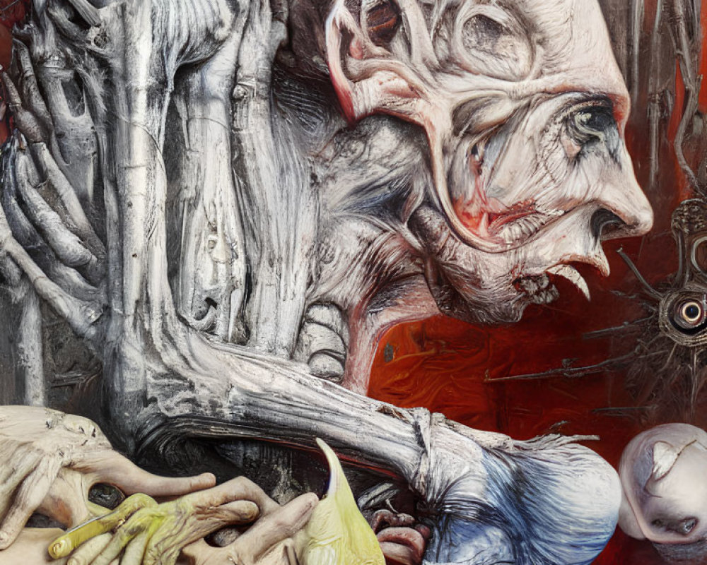Surreal Artwork: Skull, Skeletal Hand, Human Figures in Red & Earth Tones