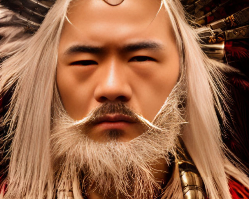 Asian warrior in detailed helmet and white facial hair