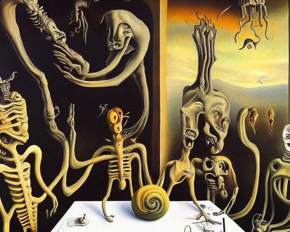 Surreal painting of skeletal figures and distorted creatures in dreamlike landscape