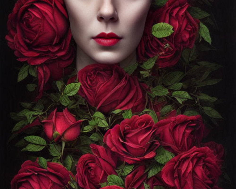 Woman's Face with Dark Red Roses on Black Background