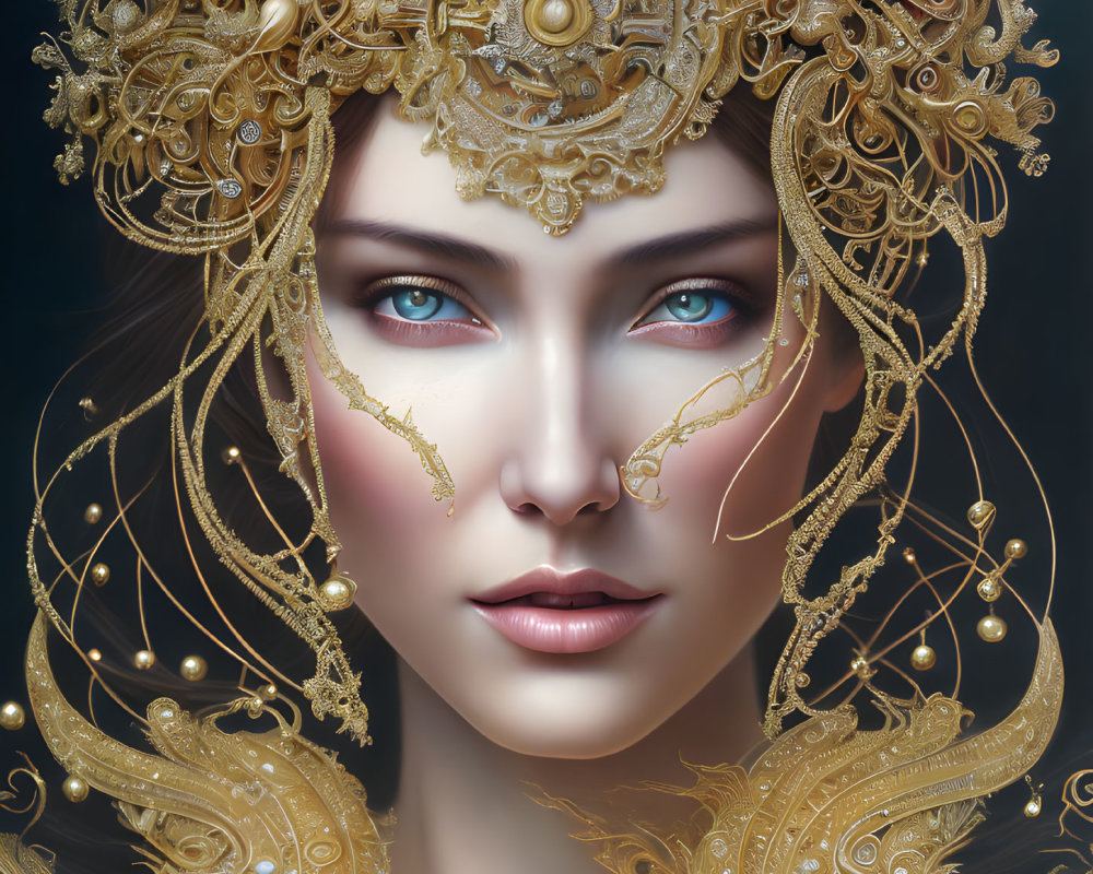 Elaborate Golden Headpiece Adorns Woman in Fantasy Portrait