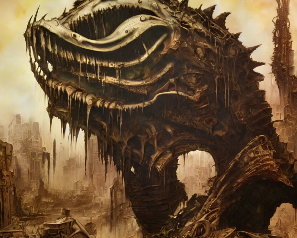 Gigantic dragon head over dystopian cityscape with sharp teeth.