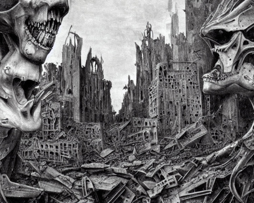 Dystopian landscape with decrepit buildings and oversized skulls