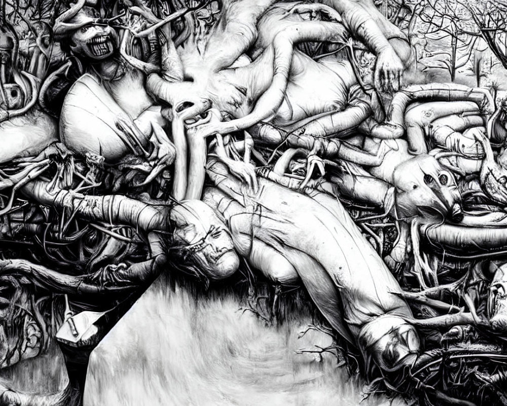 Monochromatic artwork of chaotic human figures and faces