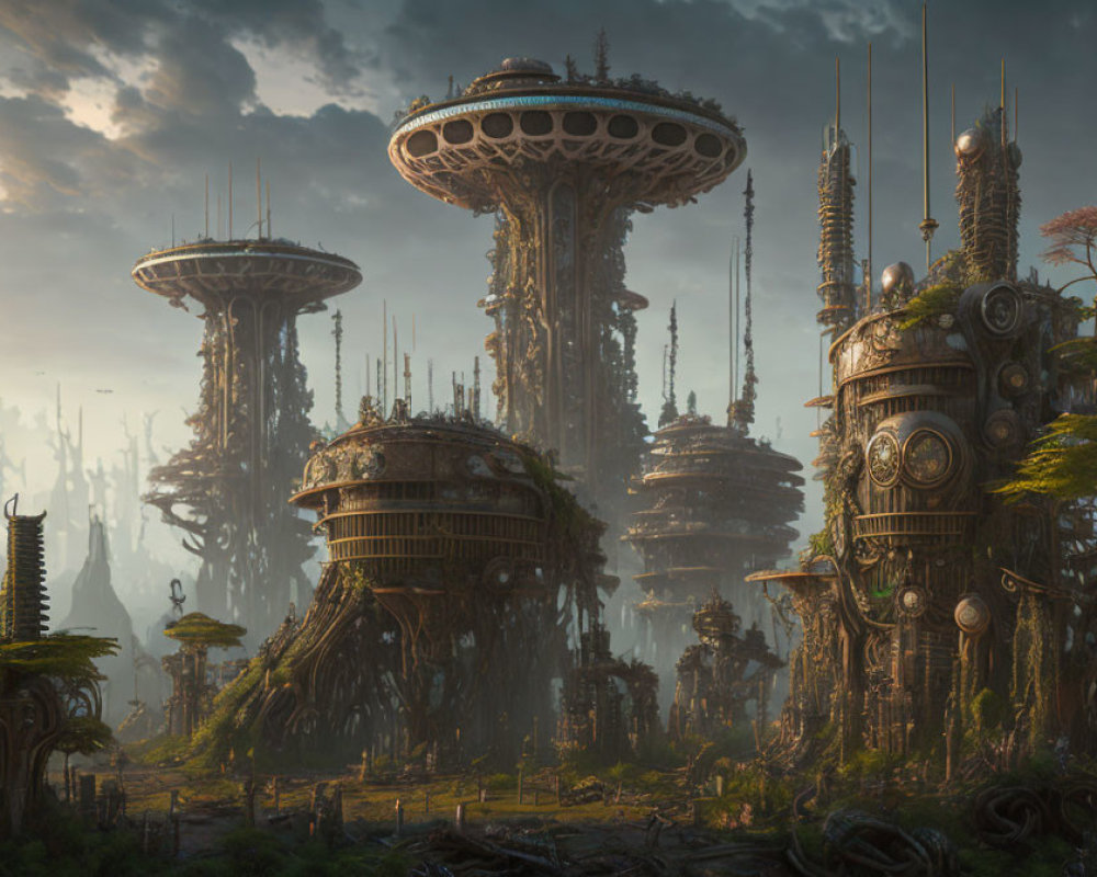 Futuristic cityscape with mushroom-like towers in forest setting