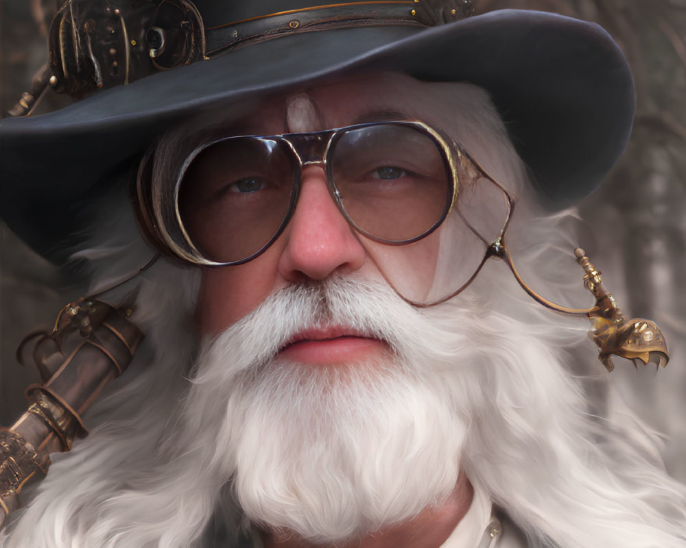 Elder Man in Steampunk Attire with Tricorner Hat and White Beard