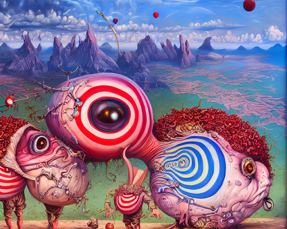 Surreal painting of vibrant creature-like forms in fantastical landscape