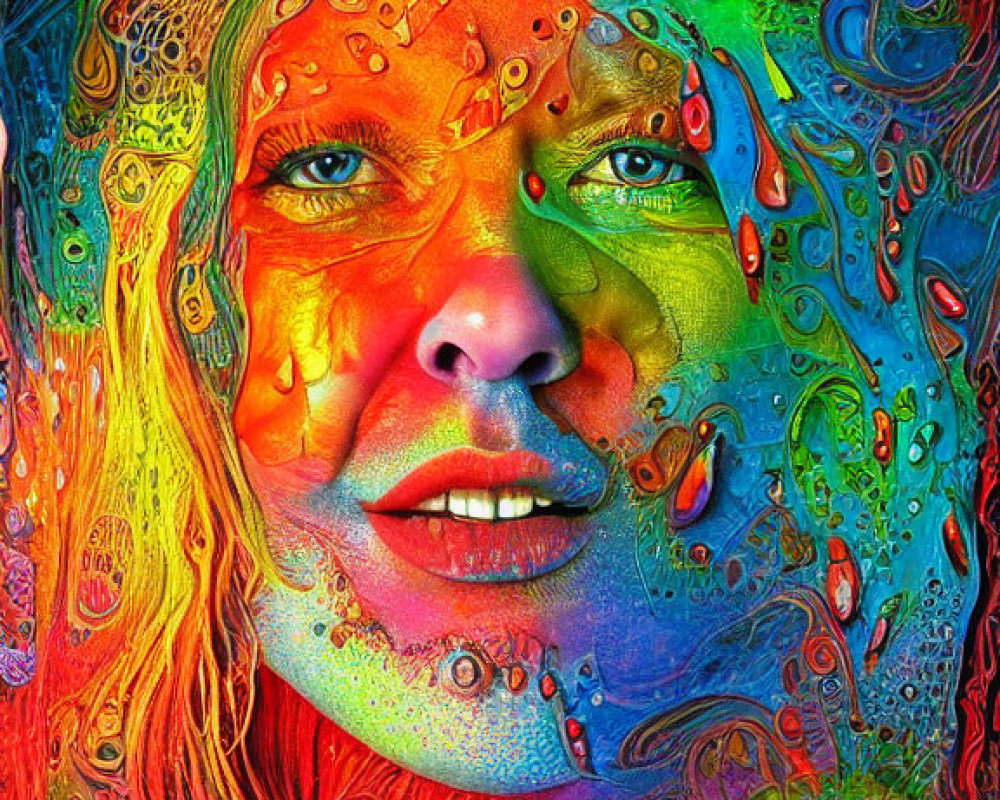 Colorful psychedelic portrait with swirling patterns and intense colors over a contemplative face.