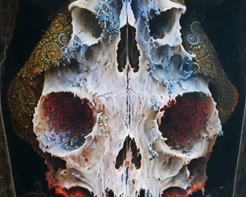 Intricate owl-like figure on symmetrical skull with vibrant red accents