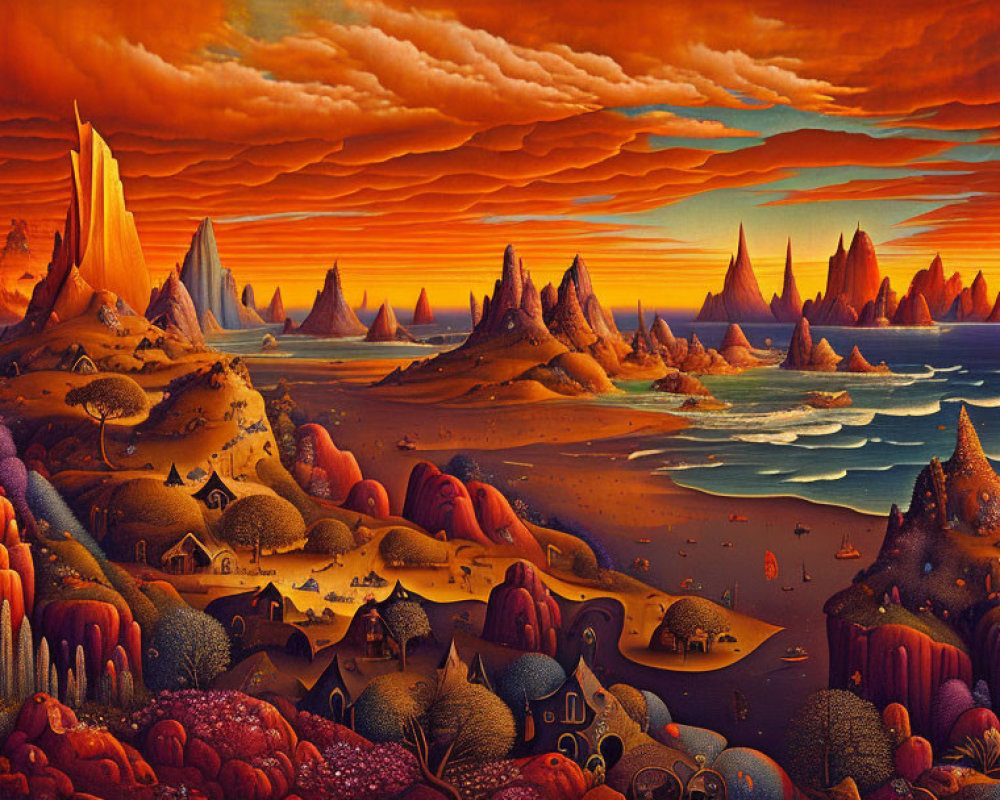 Vibrant surreal landscape with rolling hills and dramatic sky