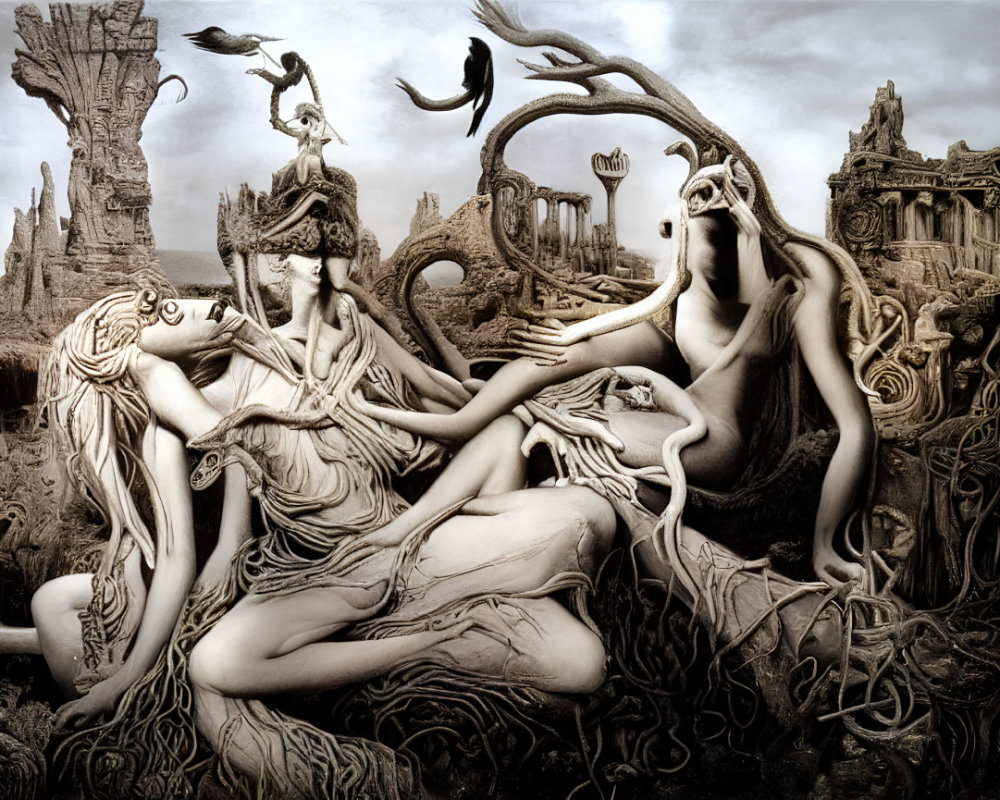 Monochrome surreal artwork: Three female figures with tree-like limbs, ruins, and flying birds