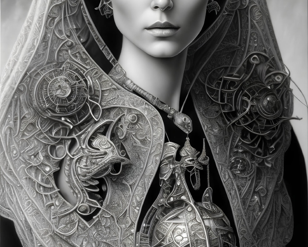 Monochromatic portrait of woman with captivating eyes and dragon-themed jewelry