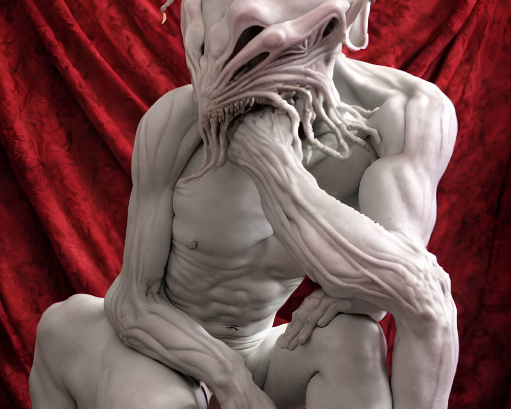 Pale-skinned muscular creature with elongated head and tentacle-like mouth appendages against red backdrop