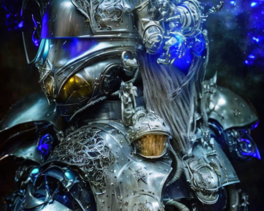 Fantasy armor set with intricate blue designs and glowing elements
