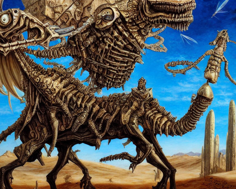 Intricate surreal artwork of biomechanical horse and rider in desert landscape