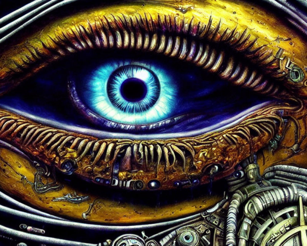 Hyper-realistic painting: Large blue eye with intricate mechanical parts and tubes