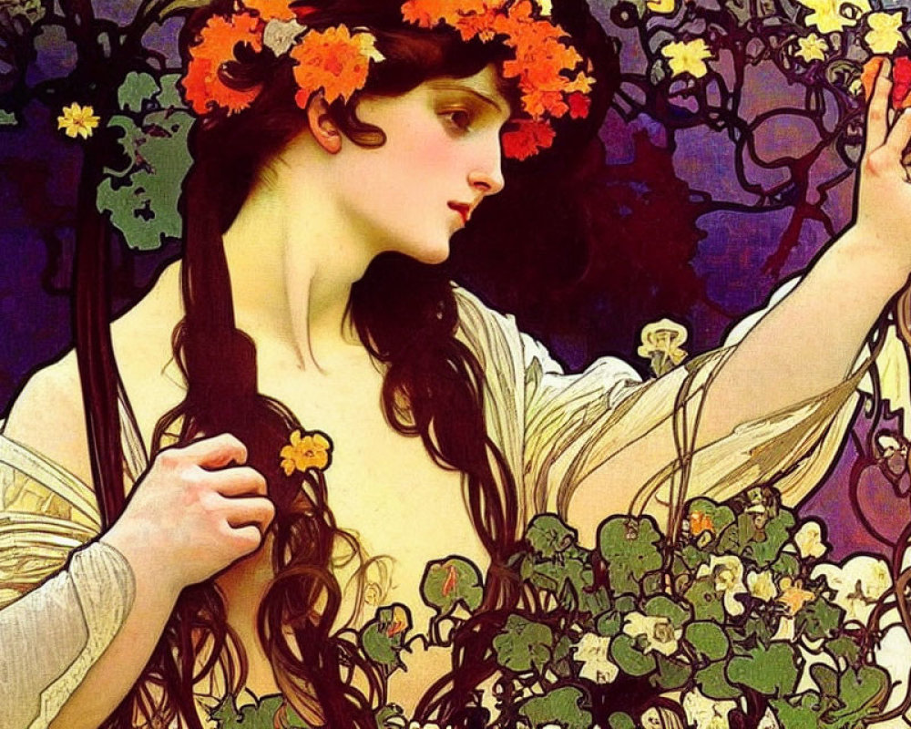 Woman with floral wreath in Art Nouveau style garden painting.