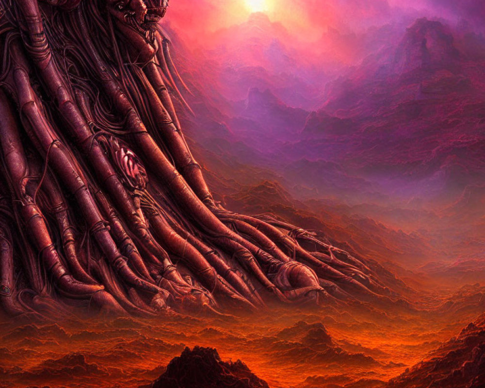Surreal landscape featuring robotic skull, tangled cables, red sky, and mountains