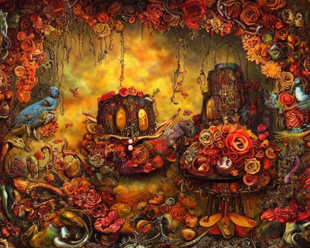 Detailed Fantasy Painting: Rich Florals, Exotic Creatures, Ornate Structures in Autumnal Palette