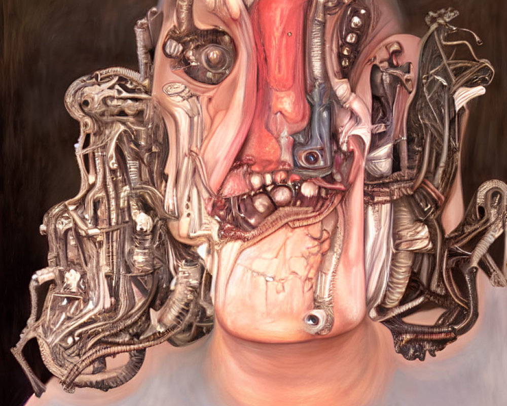 Surreal biomechanical fusion artwork with distorted figure and machinery.