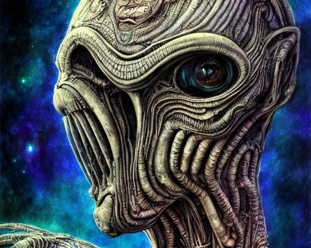 Detailed Alien Creature with Expressive Eyes in Cosmic Setting