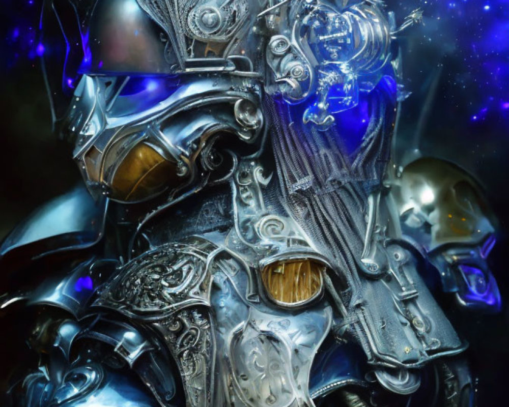 Detailed Silver and Blue Futuristic Knight Armor on Cosmic Background