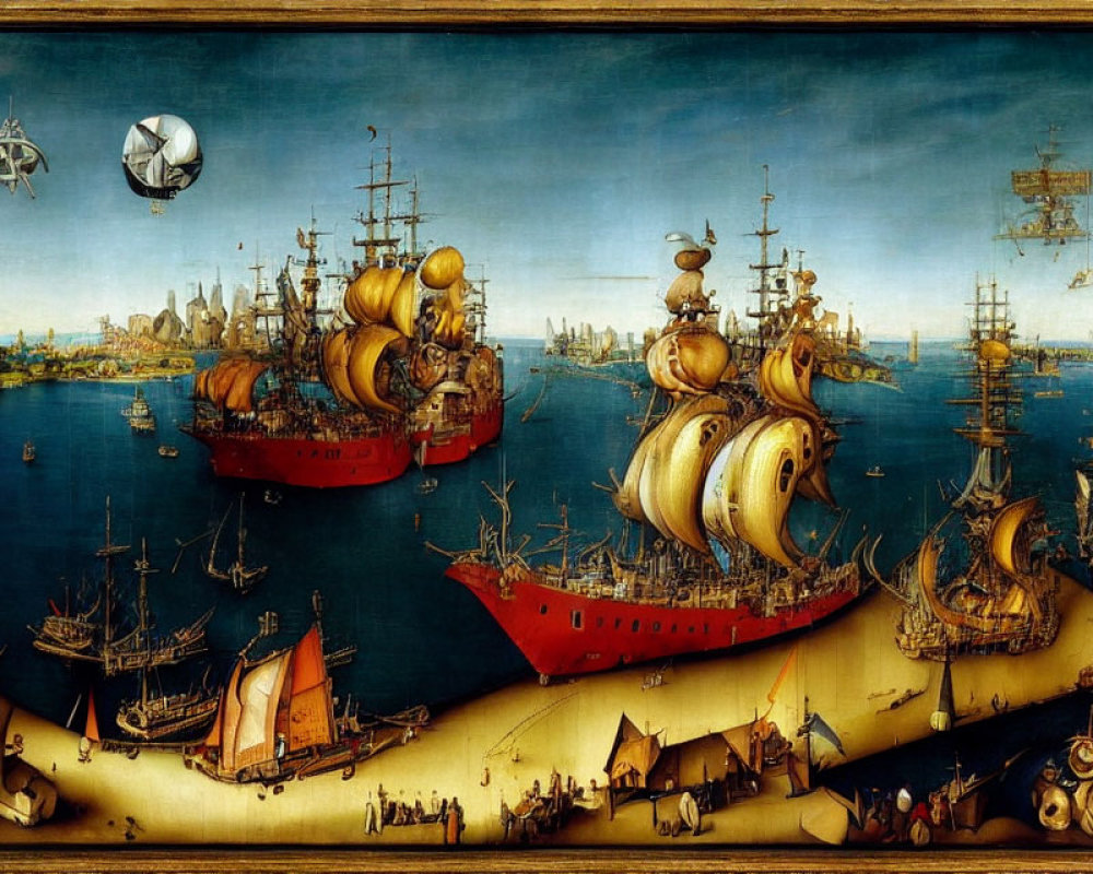 Detailed Maritime Painting of Age of Discovery Ships in Coastal City