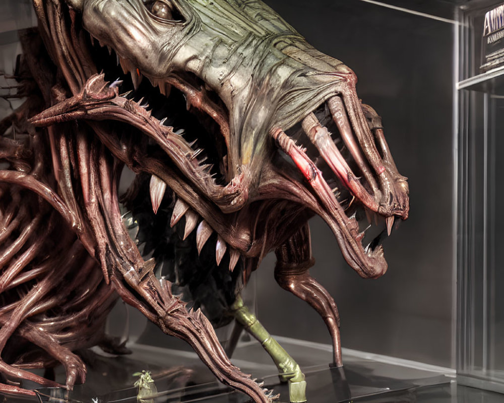 Detailed monstrous creature model with sharp teeth and tentacles in glass display.