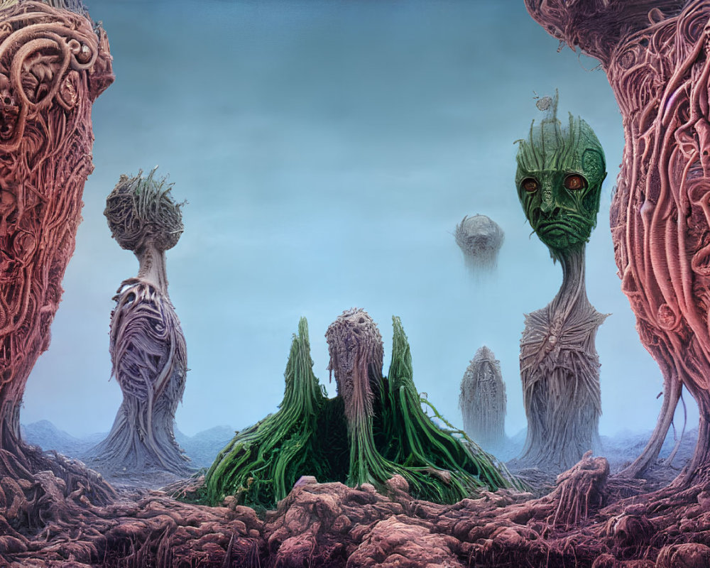 Surreal landscape with towering alien entities under hazy sky