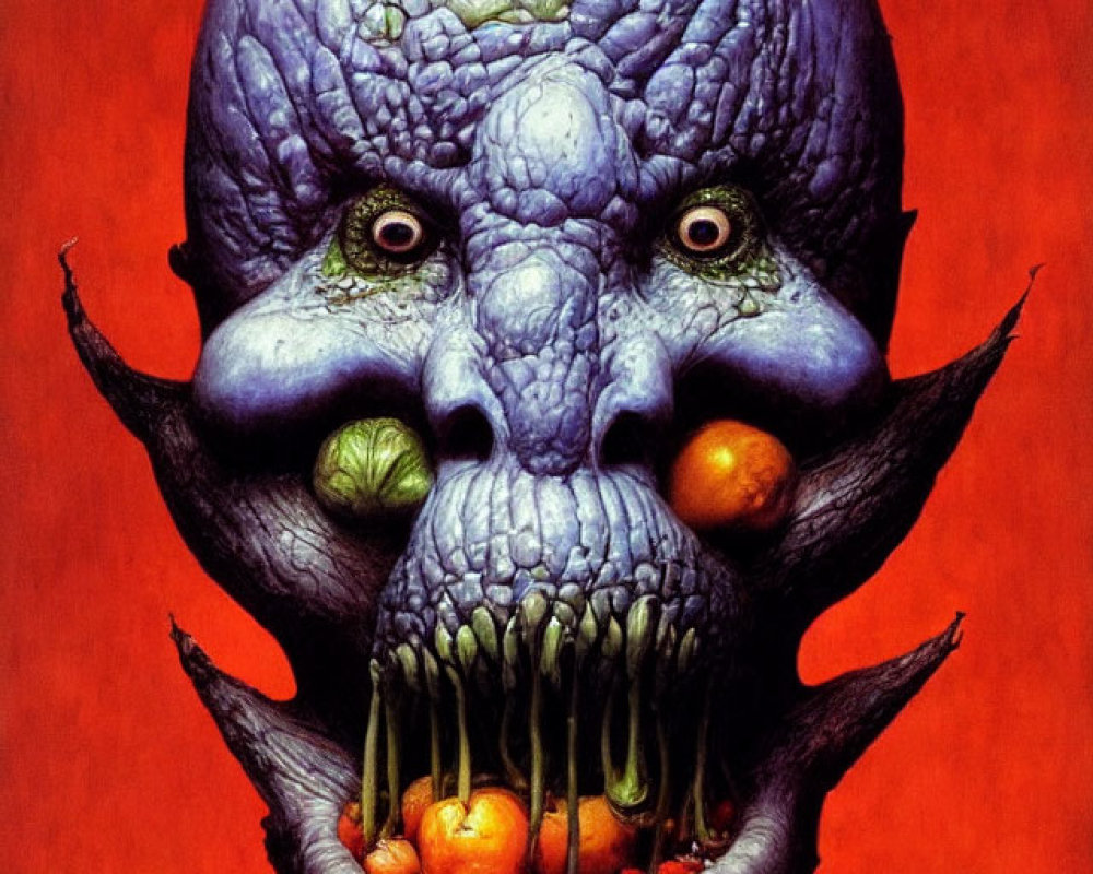Purple Textured Head with Fruit-Like Features and Yellow Eyes on Orange Background