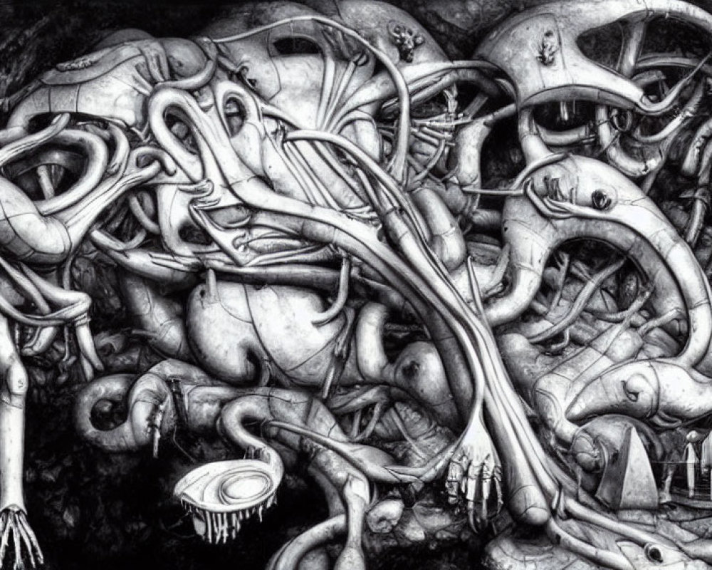 Detailed Monochrome Surreal Drawing of Tentacled Creatures and Human-like Elements