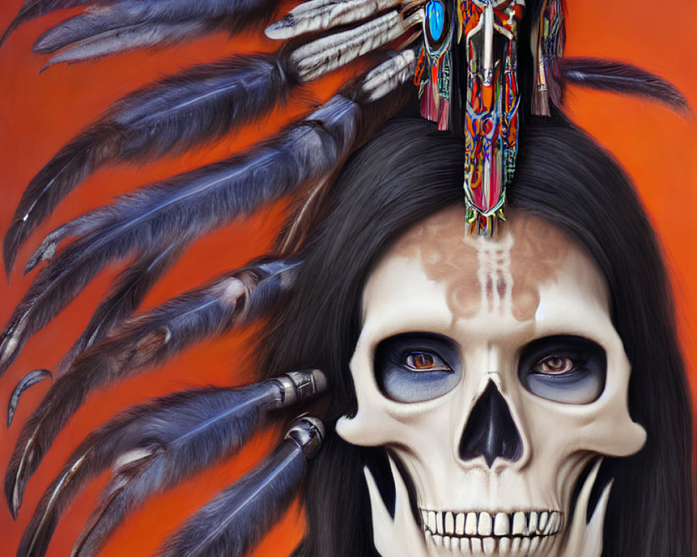 Portrait of person with skull face paint in Native American headdress