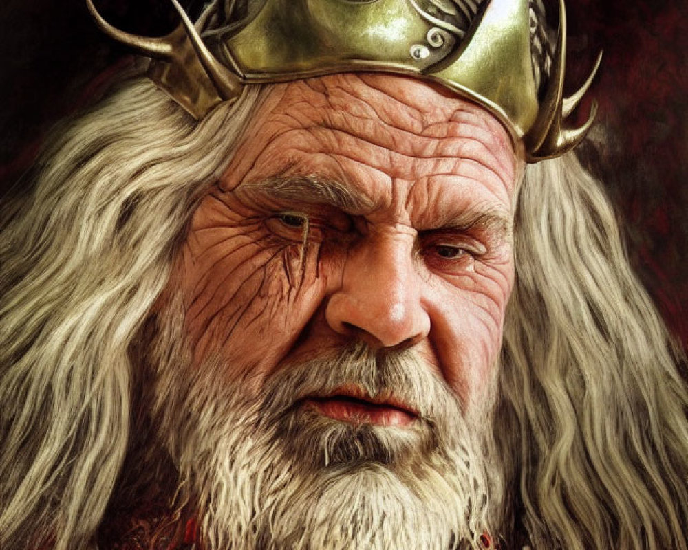 Detailed portrait of an old king with furrowed brow, golden crown, and red attire