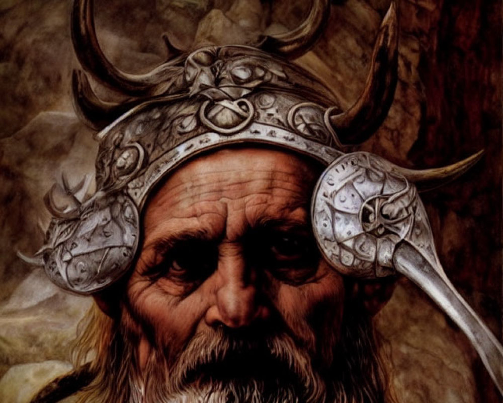 Aged Viking warrior with horned helmet and axe portrait