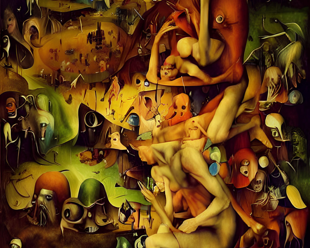 Surreal painting with distorted figures in chaotic landscape