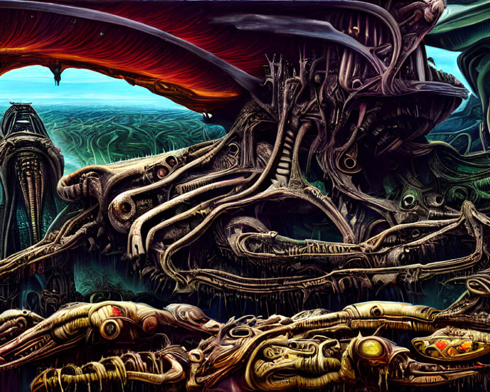 Surreal landscape with tentacle-like structures and winged creature