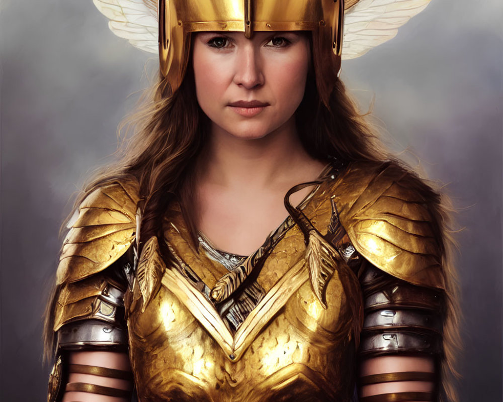 Detailed Golden Armor with Winged Helmet on Person Against Cloudy Background