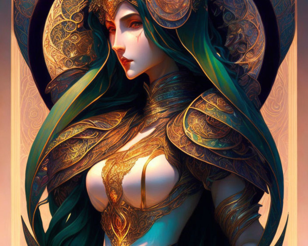 Illustrated female character in ornate green and gold armor