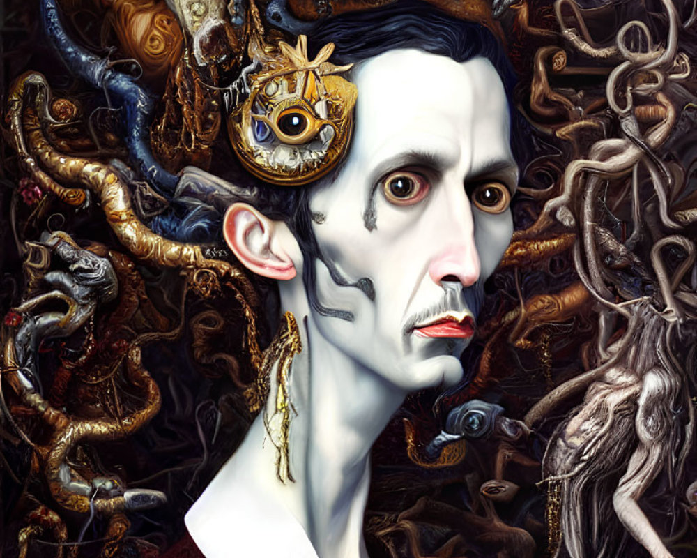 Intricate surreal portrait with man and chaotic design