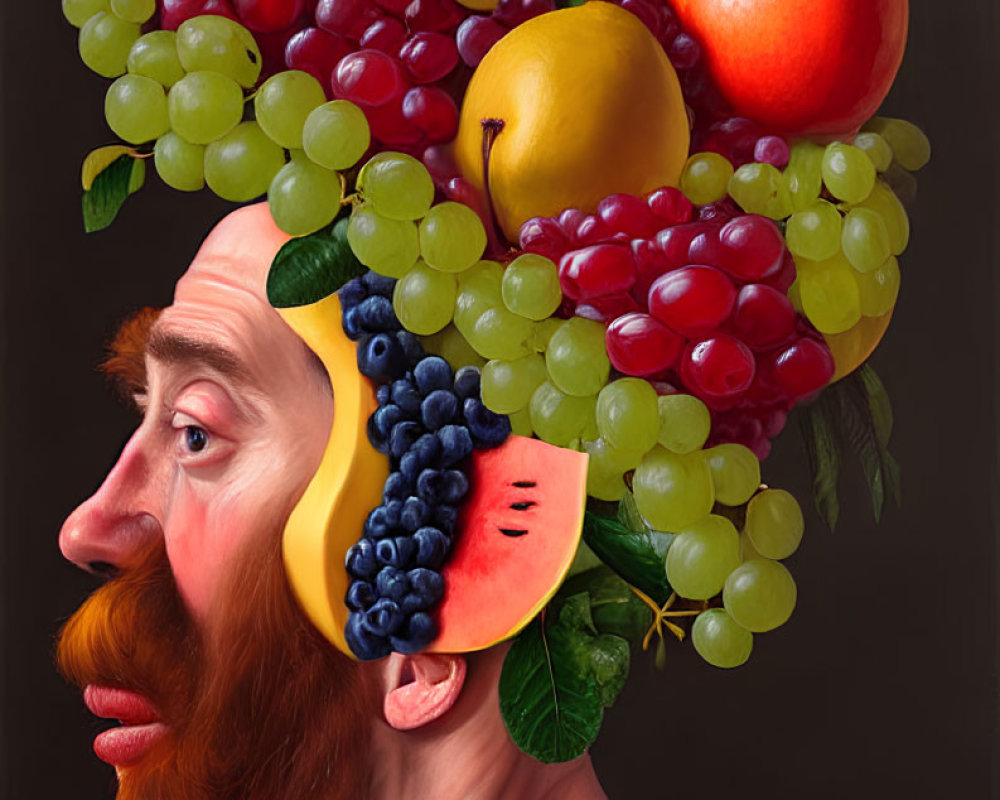 Surreal portrait blending man's face with fruits like grapes and orange
