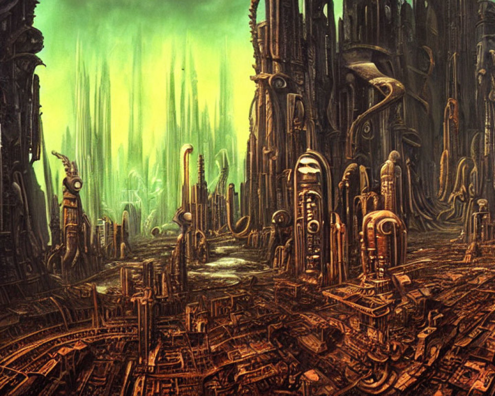 Dark towering structures in a dystopian cityscape with intricate machinery and green aurora sky