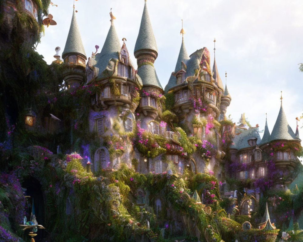 Majestic castle with spires, greenery, and purple flowers in soft sunlight