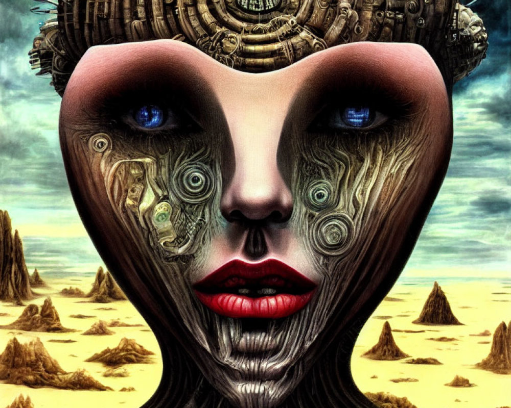 Surreal portrait of robotic woman with blue eyes in desert landscape