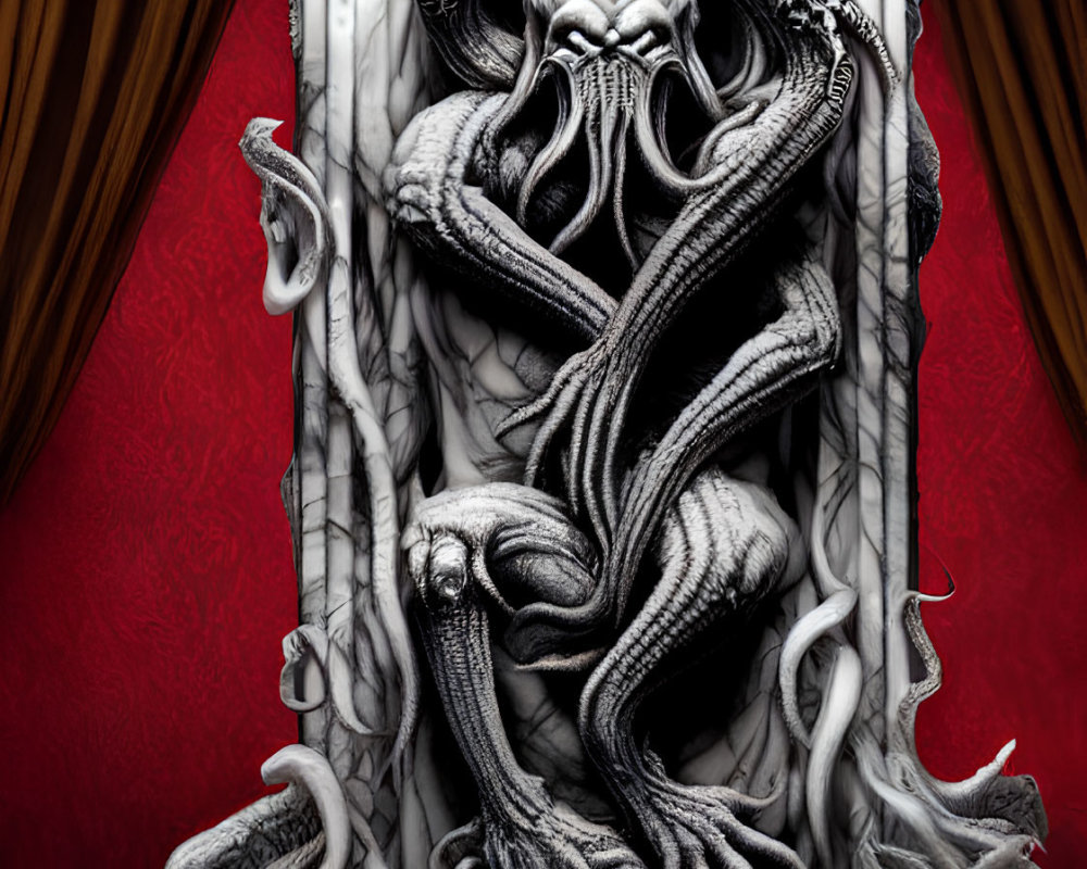 Intricate marble Cthulhu sculpture on throne with tentacles, detailed carvings,