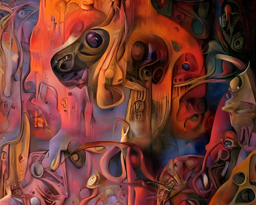Surrealist painting with distorted figures and melting objects in warm tones