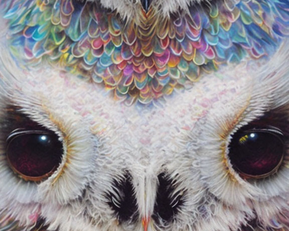 Colorful surreal painting of owl with captivating eyes and kaleidoscope feathers.